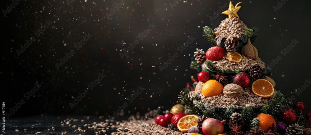 Fototapete flax seed and dried fruit christmas tree and comet displayed on a black backdrop with copy space ima