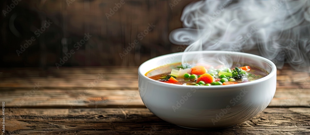 Poster selective focused image of vegetable soup in a white bowl on a wooden table with smoke rising leavin