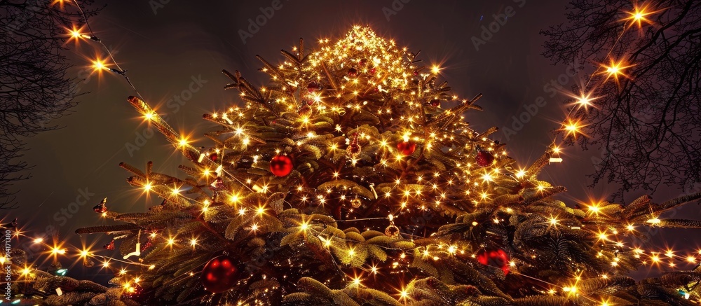 Leinwandbilder Low angle view of a large Christmas tree lit up at night in a festive Christmas setting perfect for backgrounds or adding text to the copy space image