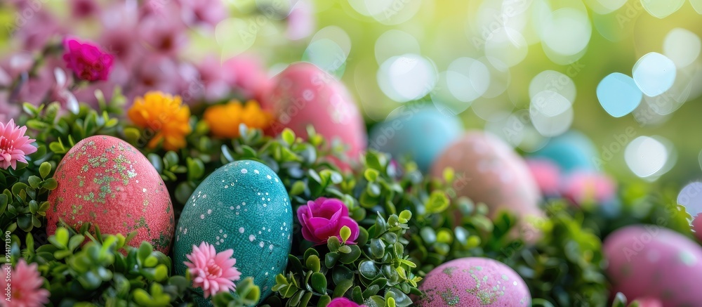 Aufkleber Easter decorations featuring a colorful display of Easter eggs boxwood and flowers creating an inviting springtime ambiance with a copy space image