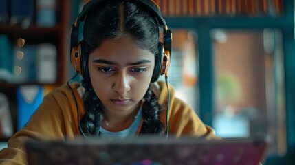 Using a laptop and headphones, a young Indian girl attends an online virtual class. Idea Laptop, Headphones, Online Education, Indian Girl, Virtual Learning, Generative AI.