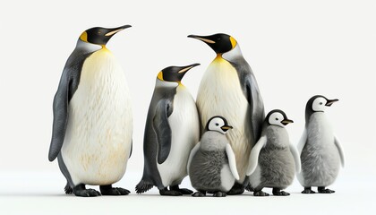 Fototapeta premium A corpulent 3D penguin family with the parents and chicks, on a white solid background