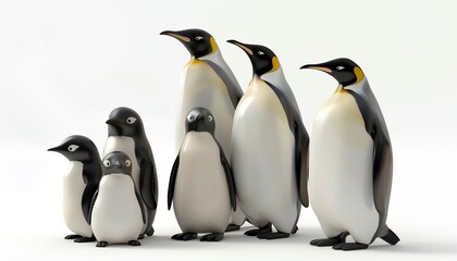 Obraz premium A corpulent 3D penguin family with the parents and chicks, on a white solid background