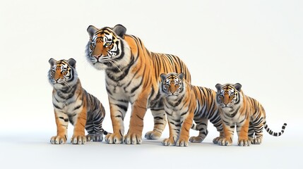 Obraz premium A husky 3D tiger family with the parents and cubs, on a white solid background