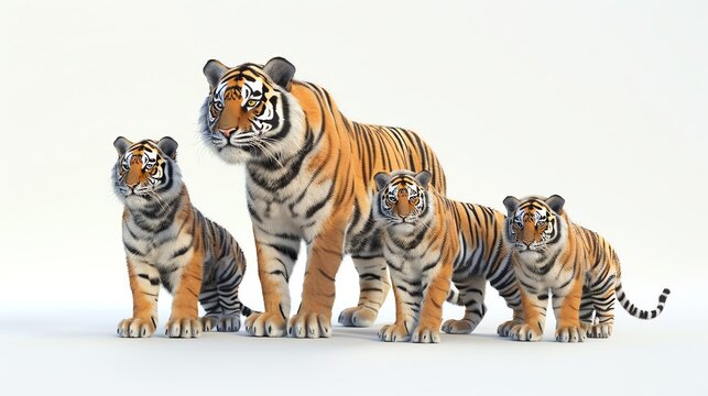 A husky 3D tiger family with the parents and cubs, on a white solid background