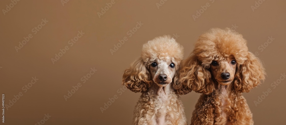 Aufkleber Two delightful poodles stand side by side in front of a brown background with copy space image