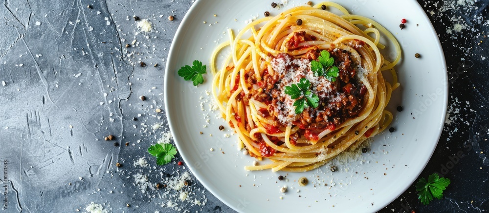 Poster Savoring spaghetti bolognese sprinkled with black pepper and salt on a white plate against a textured backdrop with ample copy space for additional elements