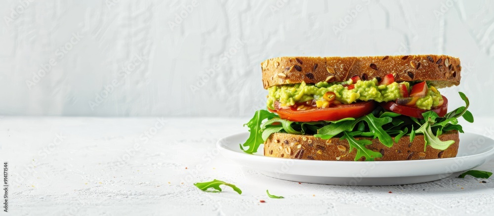 Poster a sandwich with guacamole and heirloom tomato on wheat bread displayed on a white plate against a wh