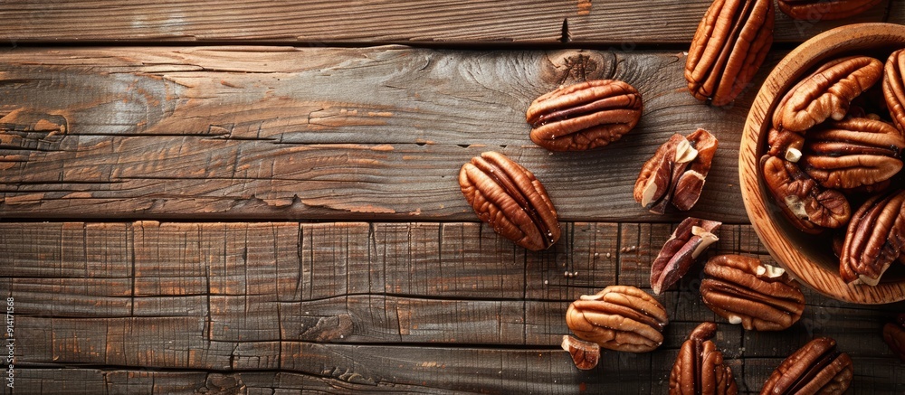 Poster copy space image of pecan halves on a wooden table