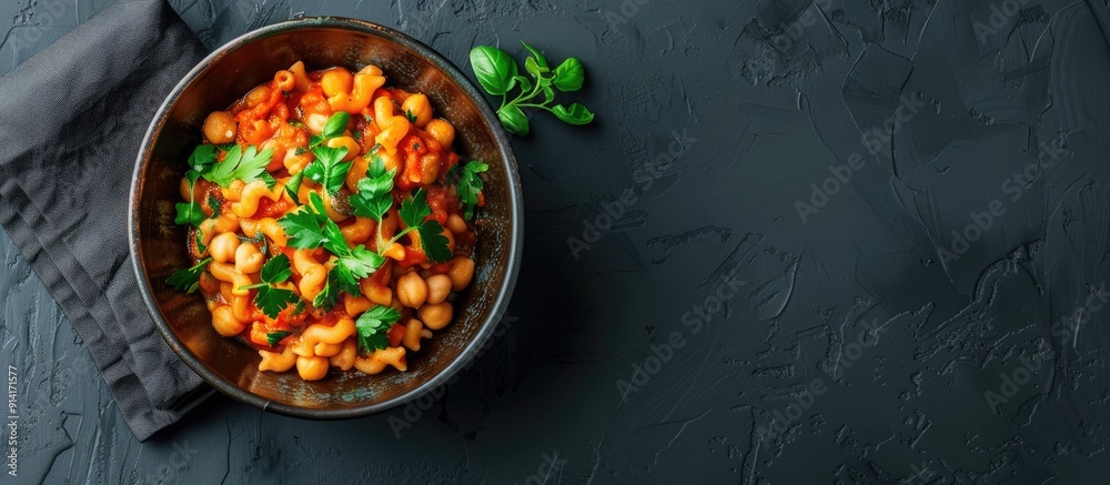 Poster top view image of an italian recipe featuring ditalini pasta and chickpeas with copy space available