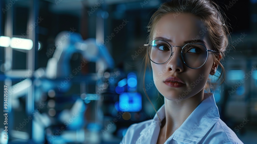 Poster smart woman robot engineer programmer work in robotic lab research and development team. student eng