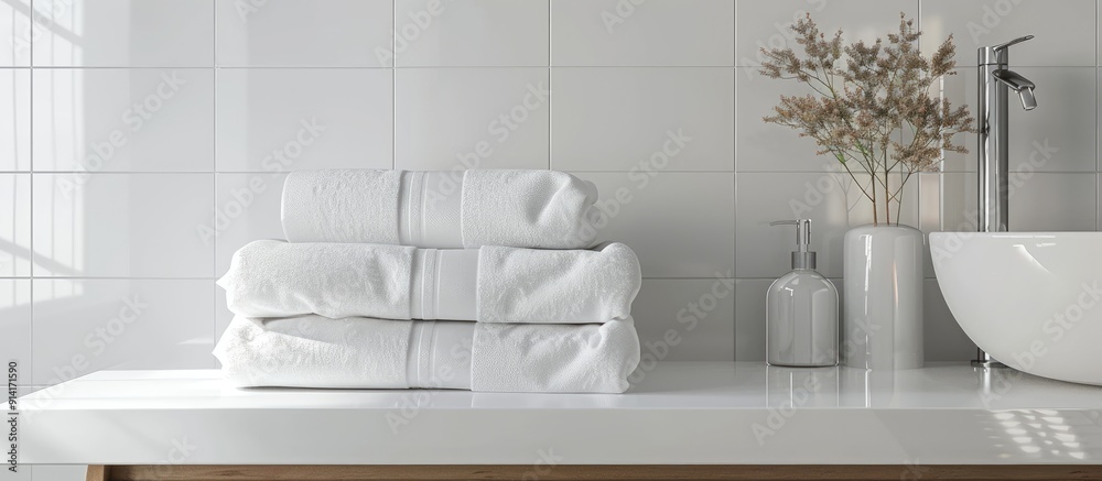 Poster modern bathroom scene with clean white towels stacked neatly on a ceramic countertop providing a ref
