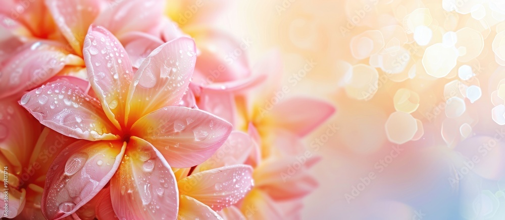 Poster background with a sole blooming plumeria flower in the center with copy space image