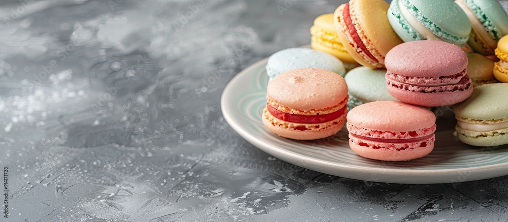Aufkleber French macarons displayed on a plate against a gray concrete backdrop with a clear area for text or other elements in the image. Creative banner. Copyspace image