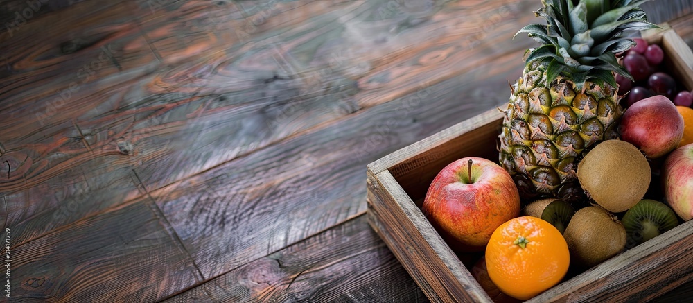 Poster wooden box contains a variety of fruits like pineapple garnet tangerine apple and kiwi with a compli