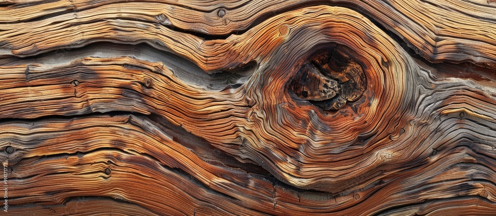 Poster Polished tree trunk with a prominent knot and a distinctive brown wood pattern provides a visually captivating copy space image