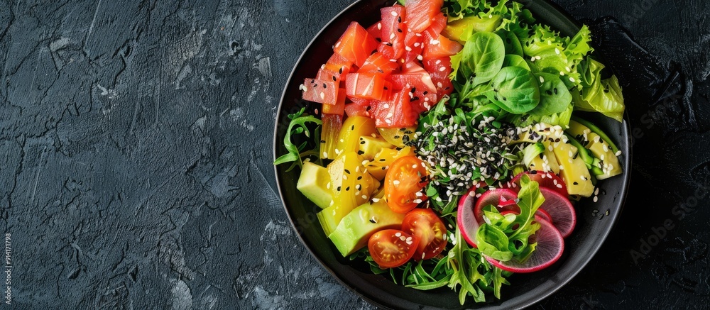 Poster Japanese salad displayed on a black background with copy space image