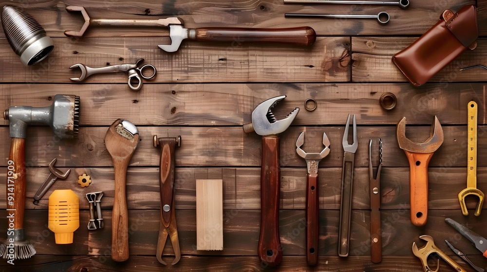 Wall mural Vintage Tools on Rustic Wooden Background.