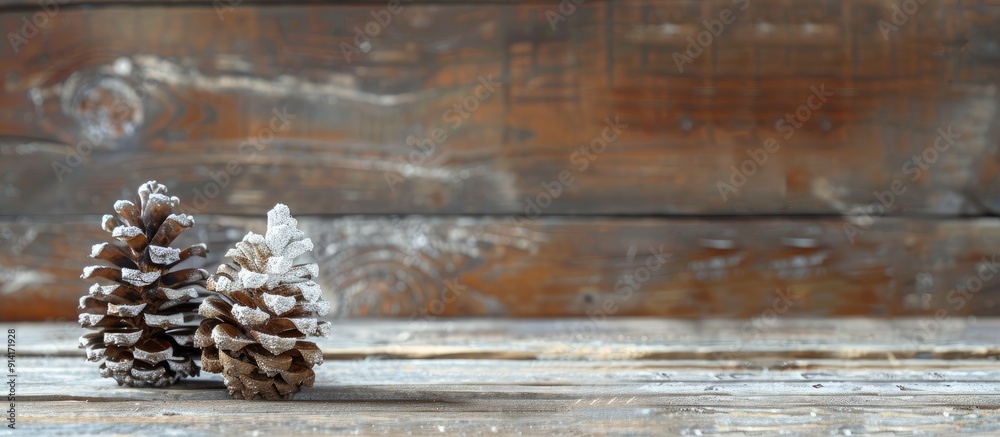 Poster pine cones painted white for christmas decor on rustic wooden table backdrop with copy space image