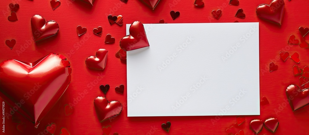Leinwandbilder red background with hearts and a blank paper card for text copy space image