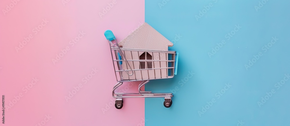 Aufkleber home buying idea featuring a shopping cart with a house icon on a pink and blue backdrop in a top do