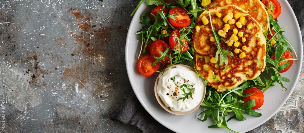 Aufkleber zucchini pancakes topped with a creamy mix of corn and sour cream accompanied by a fresh arugula and