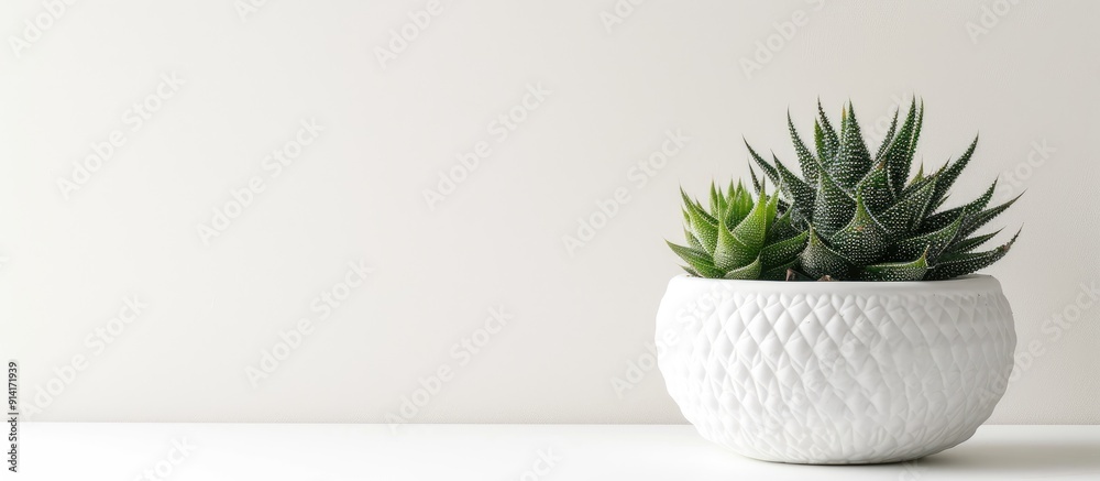 Poster haworthia attenuata succulent plants in a white flowerpot displayed on a plain white background with