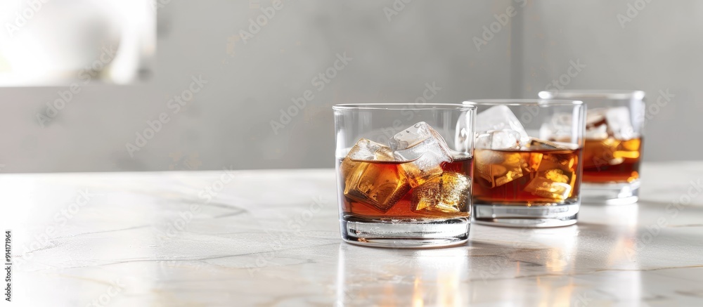 Poster Modern glasses containing whiskey served with ice displayed in a copy space image