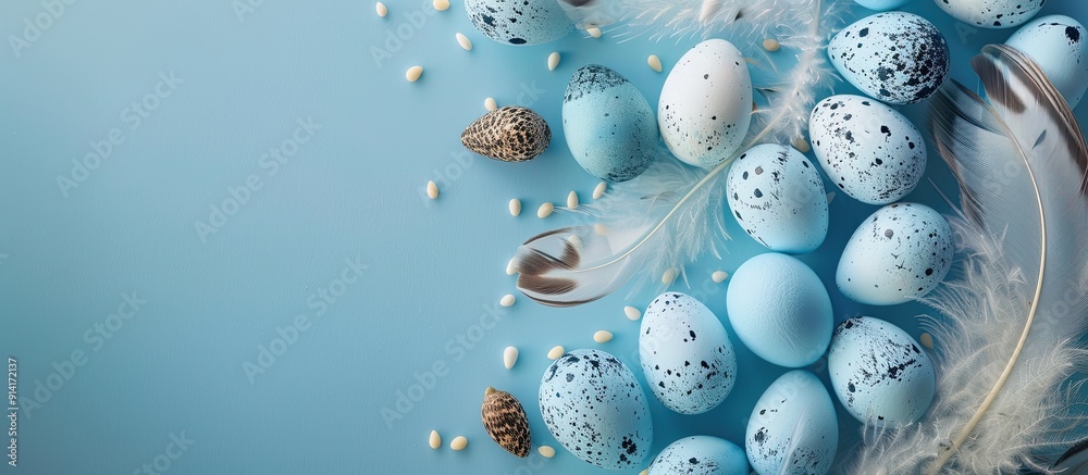 Aufkleber easter themed border of stunning blue ombre easter eggs with quail eggs and feathers on a blue backd