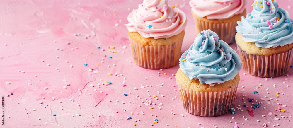 Poster Galaxy whipped cream topped cupcakes on a pink backdrop with a space for text or image. Creative banner. Copyspace image
