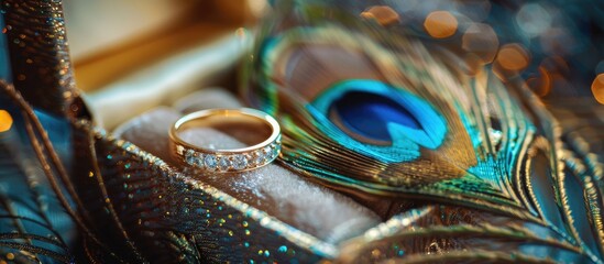 High quality photo of a wedding ring nestled in a gift box with a decorative peacock feather featuring copy space in the image