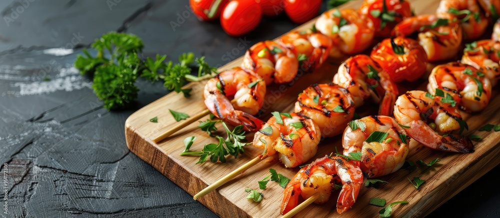 Poster wooden board with delicious grilled shrimp skewers and fresh tomatoes displayed in the image with co