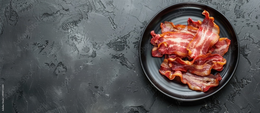 Poster Top view of a plate with crispy bacon slices on a textured dark surface offering ample copy space image