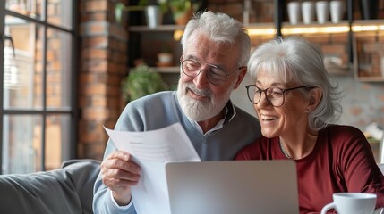 Two happy busy middle aged professionals man and woman business leaders partners checking document reading financial report talking working together on laptop computer in office.
