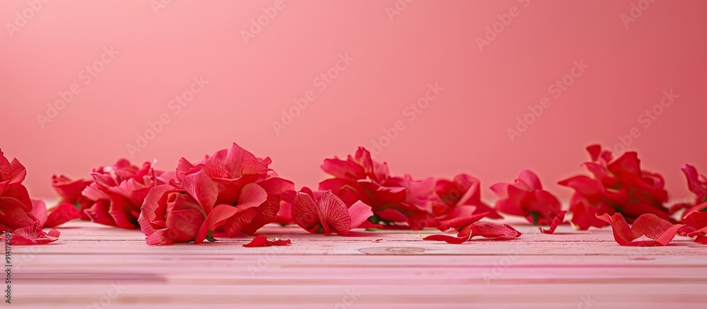 Poster valentine s day background featuring vibrant red flowers on a wooden floor against a soft pink backd