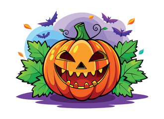 Festive Halloween Pumpkin Illustration with Autumn Leaves and Bats