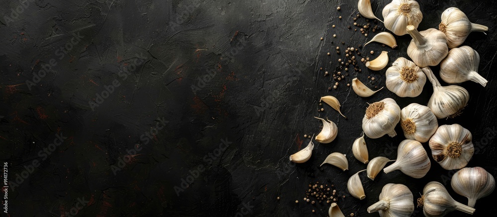 Fototapete garlic heads displayed in a top view arrangement on a black background with ample copy space image