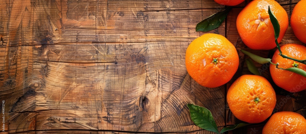 Aufkleber Top view of ripe mandarins on a wooden surface with a clear area for additional content ideal for a copy space image