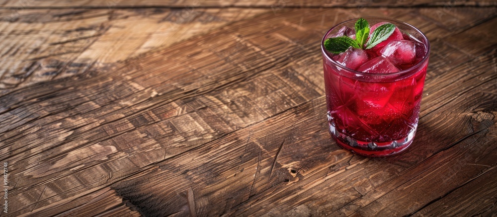Poster on a walnut table place a tumbler filled with red drink alongside a copy space image