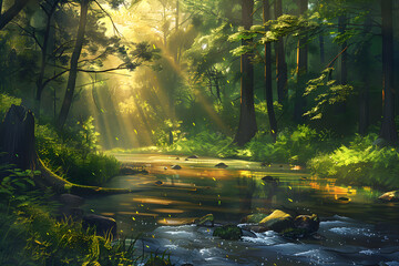 Obraz premium Serene Forest River: Sunlit Tranquility in Lush Greenery