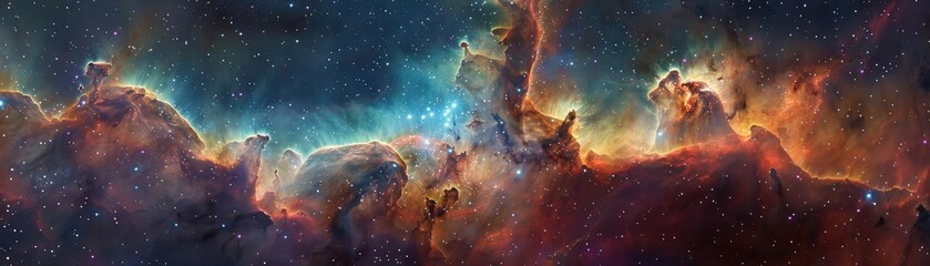 Obraz premium A stunning high-resolution image of a colorful nebula in deep space, showcasing vibrant interstellar clouds and star formations.