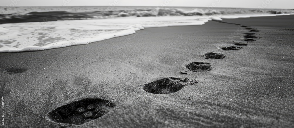 Poster monochrome image of human footprints on a sandy beach by the sea coast symbolizing vacation travel a