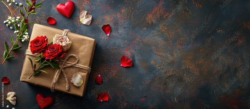 Poster valentine s day concept shown in a top view photograph featuring a gift box with lovely flowers and 