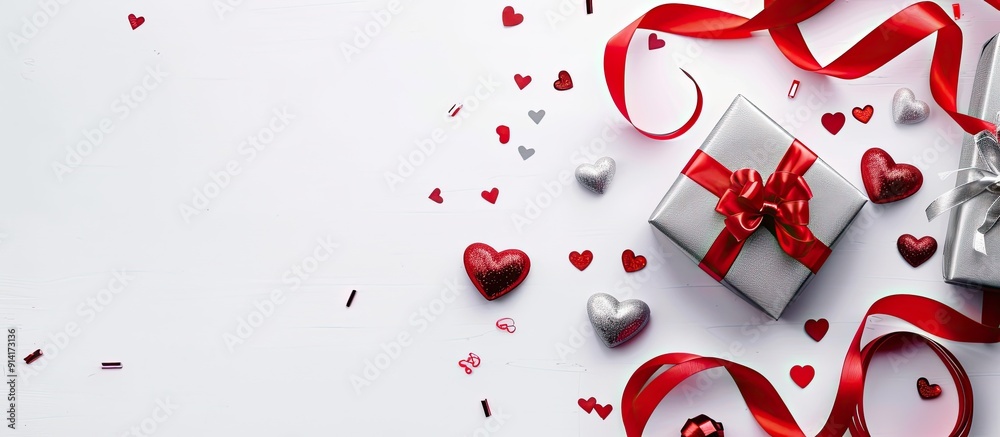 Poster valentines concept with red ribbon and silver gift box set against white background providing copy s