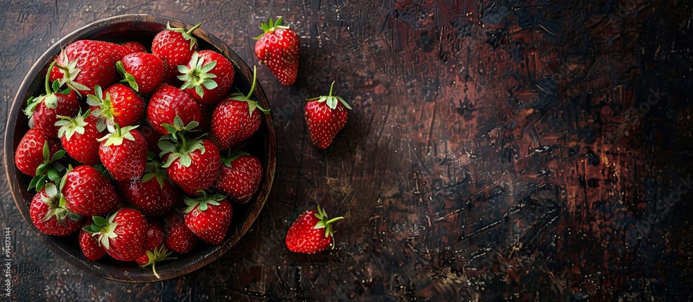 Poster organic ripe strawberries make a sweet dessert the top view of the fruit against a rustic background