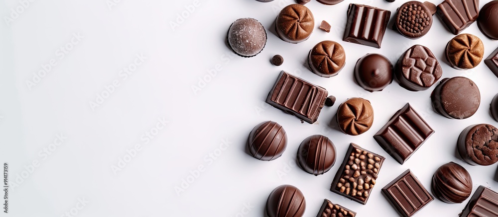 Poster Various tasty chocolate candies arranged on a blank white surface for text placement in a flat lay copy space image