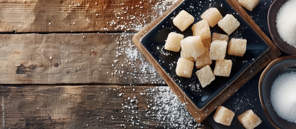 Poster wooden table with a black square plate holding brown and white sugar nubs creating an appealing copy