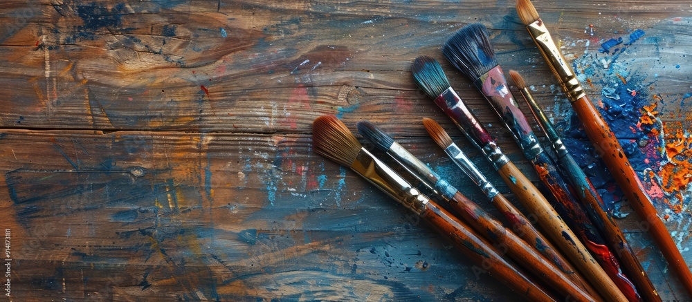 Aufkleber wooden background with a gestalt palette of brushes and ample copy space image