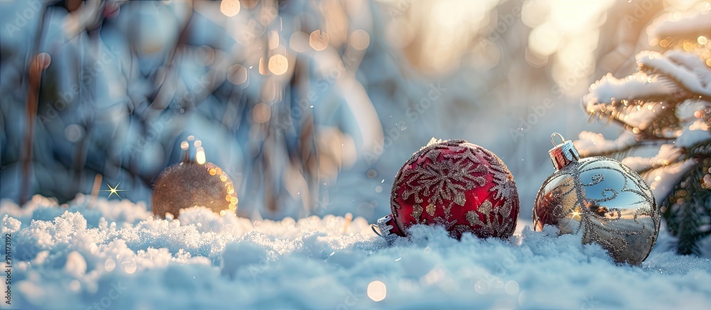 Aufkleber ornaments resting on snow covered ground surrounded by a snowy landscape and a copy space image