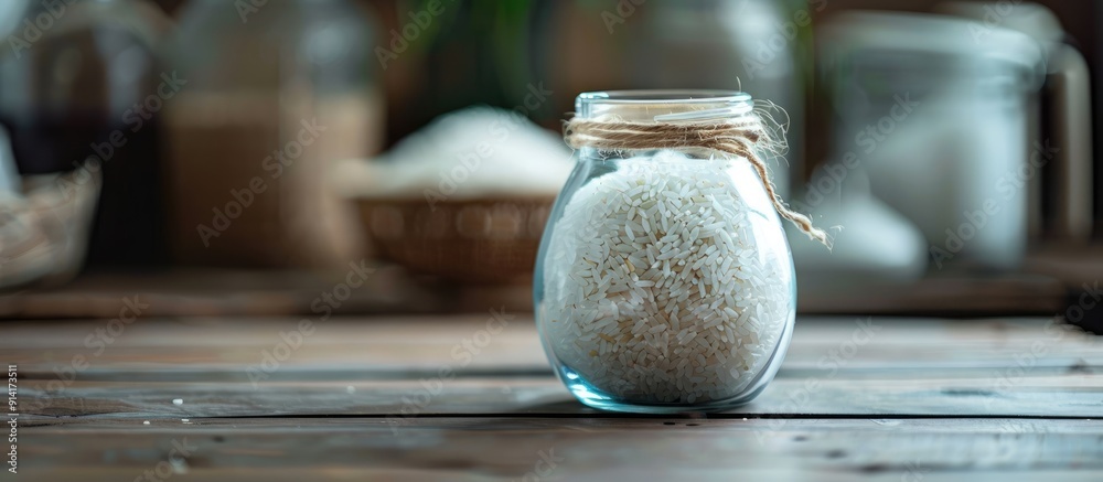 Poster selective focus on rice in a glass jar on the table with a blank background perfect for a copy space